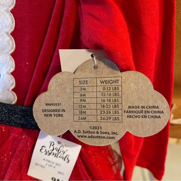 Baby Essentials Santa 4-Piece Bodysuit,tule,Leg Warmers & Headband Size 9 Months - Picture 8 of 17